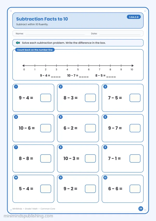 Subtraction Facts to 10 — free printable 1st Grade math worksheet for ages 6-7 (Common Core 1.OA.C.6)