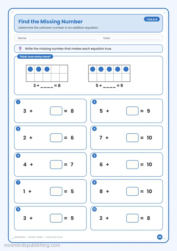 Find the Missing Number — free printable 1st Grade math worksheet for ages 6-7 (Common Core 1.OA.D.8)