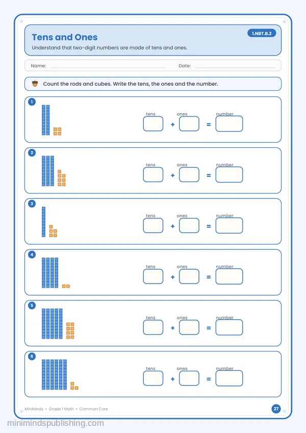 Tens and Ones — free printable 1st Grade math worksheet for ages 6-7 (Common Core 1.NBT.B.2)