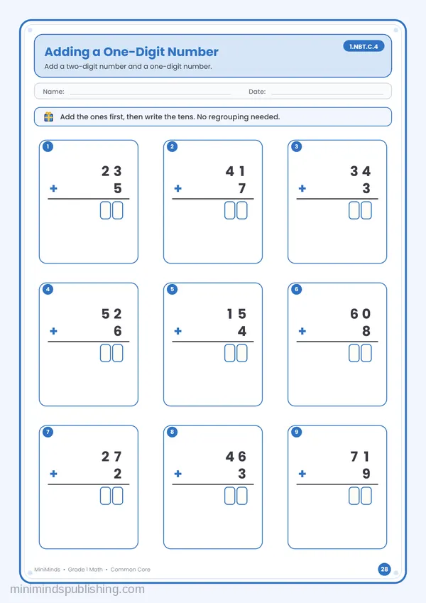 Adding a One-Digit Number — free printable 1st Grade math worksheet for ages 6-7 (Common Core 1.NBT.C.4)