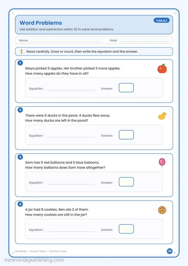 Word Problems — free printable 1st Grade math worksheet for ages 6-7 (Common Core 1.OA.A.1)