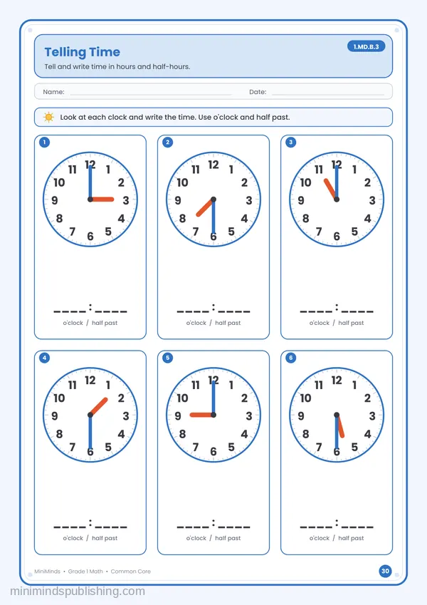 Telling Time — free printable 1st Grade math worksheet for ages 6-7 (Common Core 1.MD.B.3)
