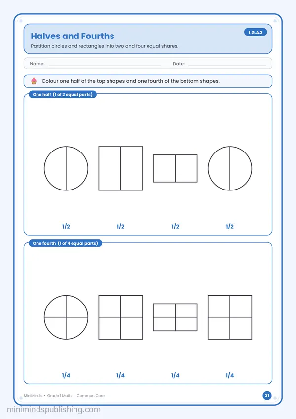 Halves and Fourths — free printable 1st Grade math worksheet for ages 6-7 (Common Core 1.G.A.3)