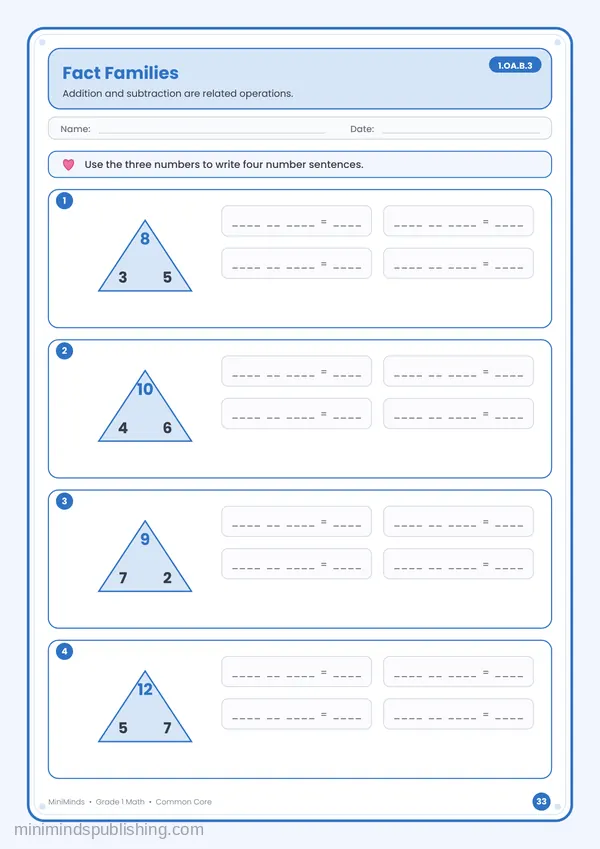 Fact Families — free printable 1st Grade math worksheet for ages 6-7 (Common Core 1.OA.B.3)