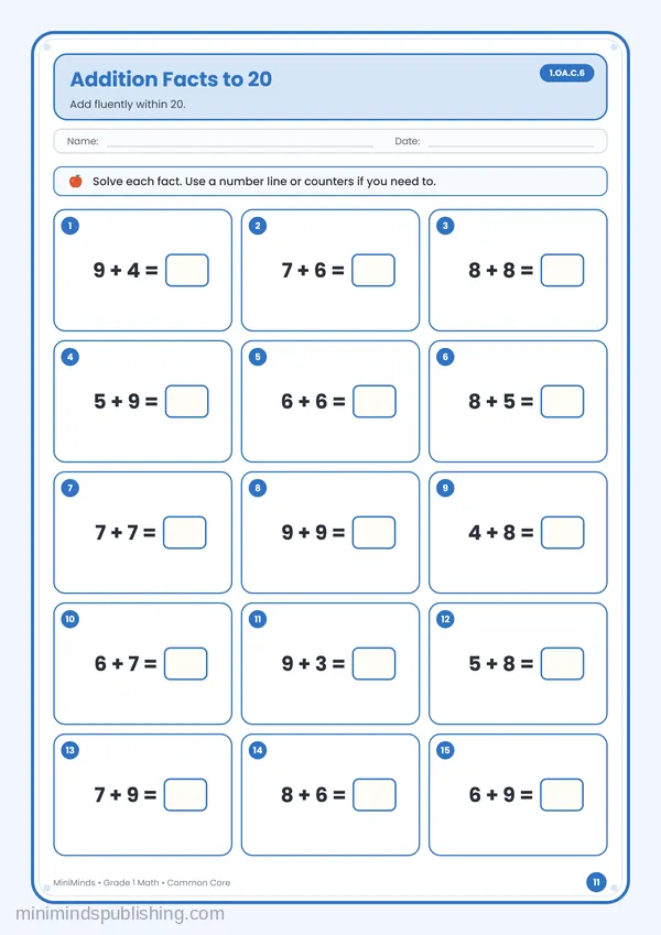 Addition Facts to 20 — free printable 1st Grade math worksheet for ages 6-7 (Common Core 1.OA.C.6)