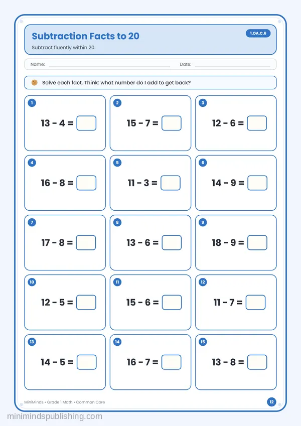 Subtraction Facts to 20 — free printable 1st Grade math worksheet for ages 6-7 (Common Core 1.OA.C.6)