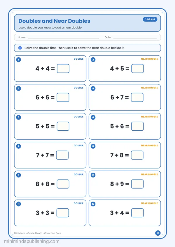 Doubles and Near Doubles — free printable 1st Grade math worksheet for ages 6-7 (Common Core 1.OA.C.6)