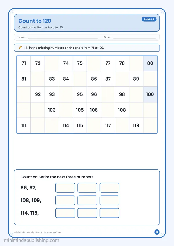 Count to 120 — free printable 1st Grade math worksheet for ages 6-7 (Common Core 1.NBT.A.1)
