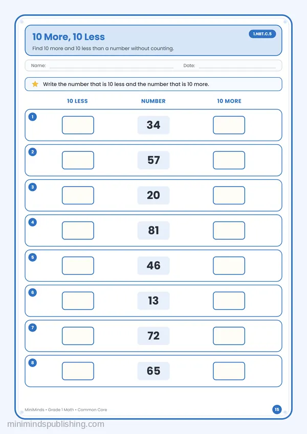 10 More, 10 Less — free printable 1st Grade math worksheet for ages 6-7 (Common Core 1.NBT.C.5)