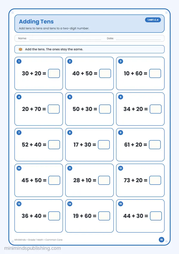 Adding Tens — free printable 1st Grade math worksheet for ages 6-7 (Common Core 1.NBT.C.4)