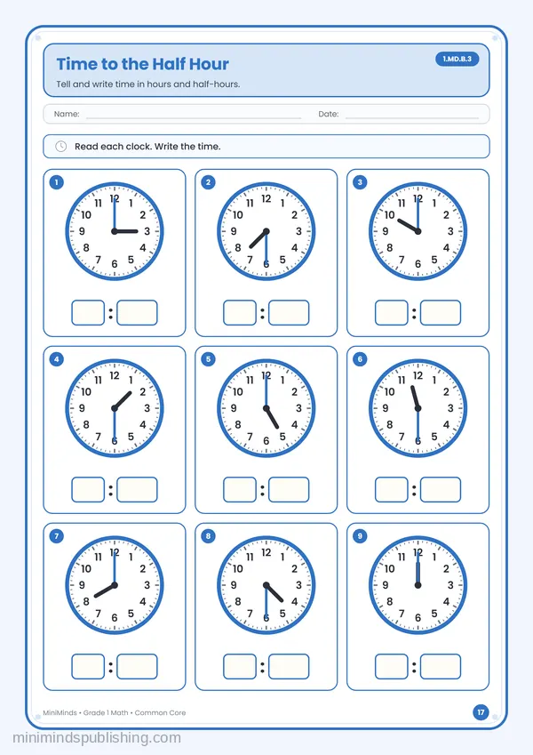 Time to the Half Hour — free printable 1st Grade math worksheet for ages 6-7 (Common Core 1.MD.B.3)