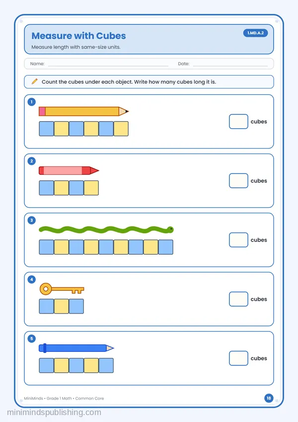 Measure with Cubes — free printable 1st Grade math worksheet for ages 6-7 (Common Core 1.MD.A.2)