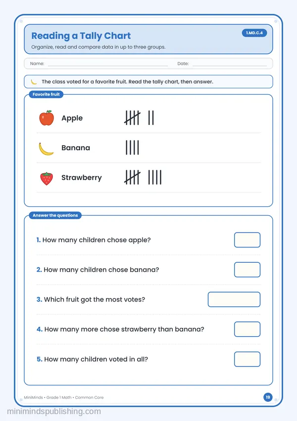 Reading a Tally Chart — free printable 1st Grade math worksheet for ages 6-7 (Common Core 1.MD.C.4)