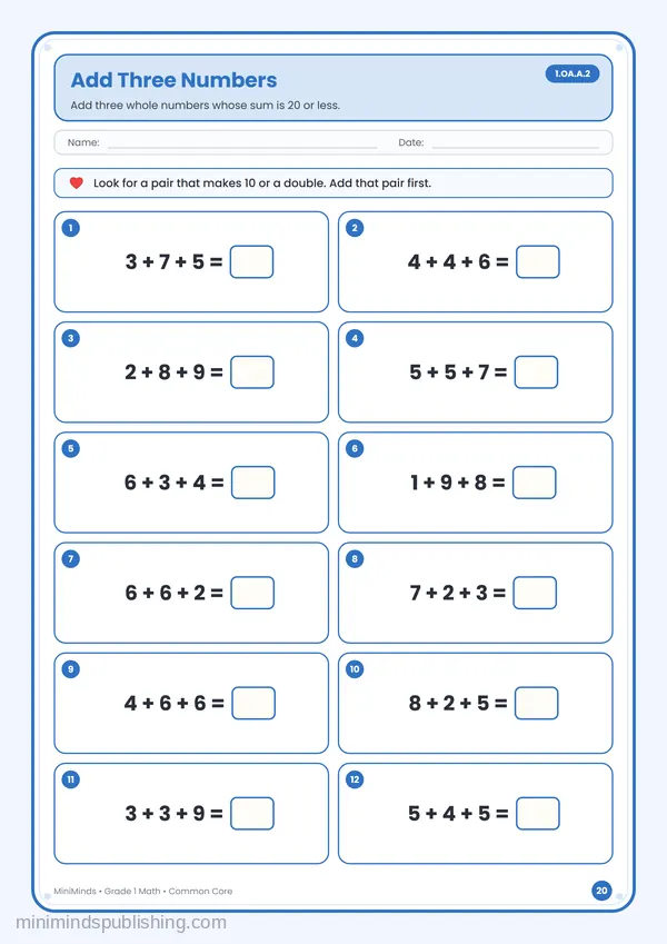 Add Three Numbers — free printable 1st Grade math worksheet for ages 6-7 (Common Core 1.OA.A.2)