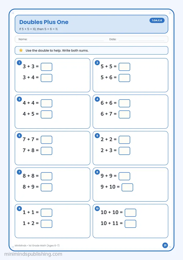 Doubles Plus One — free printable 1st Grade math worksheet for ages 6-7 (Common Core 1.OA.C.6)
