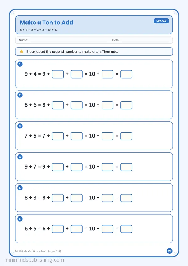 Make a Ten to Add — free printable 1st Grade math worksheet for ages 6-7 (Common Core 1.OA.C.6)