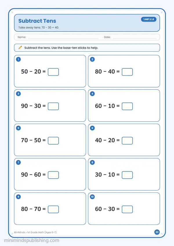 Subtract Tens — free printable 1st Grade math worksheet for ages 6-7 (Common Core 1.NBT.C.6)