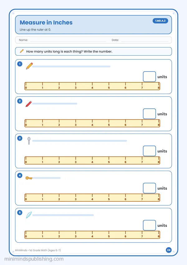 Measure in Inches — free printable 1st Grade math worksheet for ages 6-7 (Common Core 1.MD.A.2)