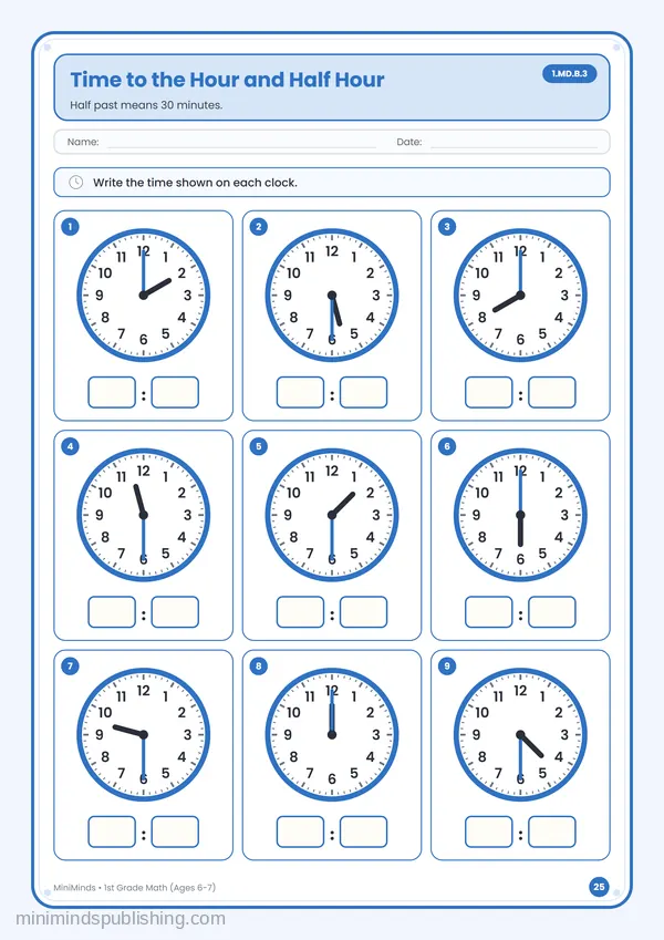 Time to the Hour and Half Hour — free printable 1st Grade math worksheet for ages 6-7 (Common Core 1.MD.B.3)