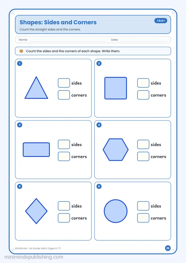 Shapes: Sides and Corners — free printable 1st Grade math worksheet for ages 6-7 (Common Core 1.G.A.1)