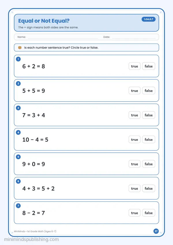 Equal or Not Equal? — free printable 1st Grade math worksheet for ages 6-7 (Common Core 1.OA.D.7)