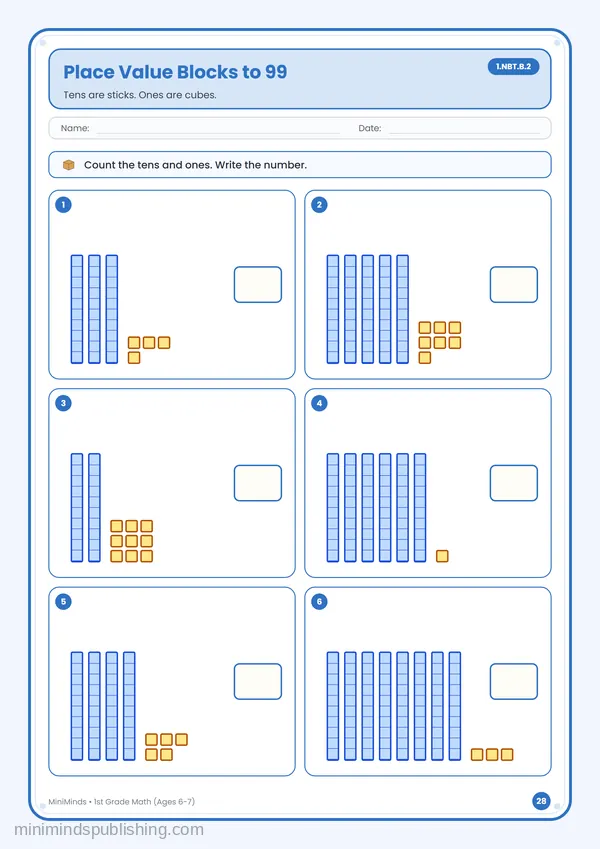 Place Value Blocks to 99 — free printable 1st Grade math worksheet for ages 6-7 (Common Core 1.NBT.B.2)