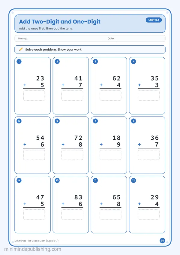 Add Two-Digit and One-Digit — free printable 1st Grade math worksheet for ages 6-7 (Common Core 1.NBT.C.4)