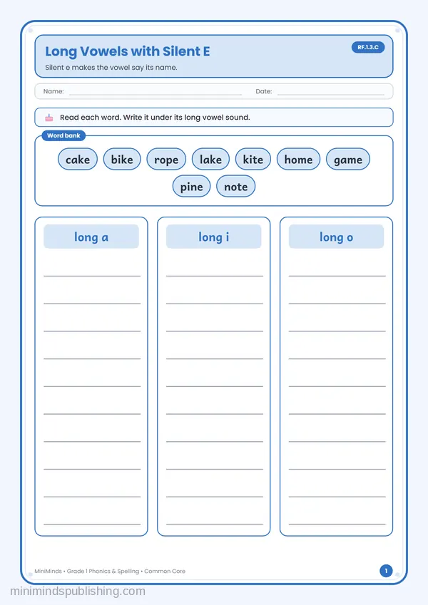 Long Vowels with Silent E — free printable 1st Grade worksheet
