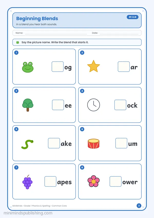 Beginning Blends — free printable 1st Grade worksheet