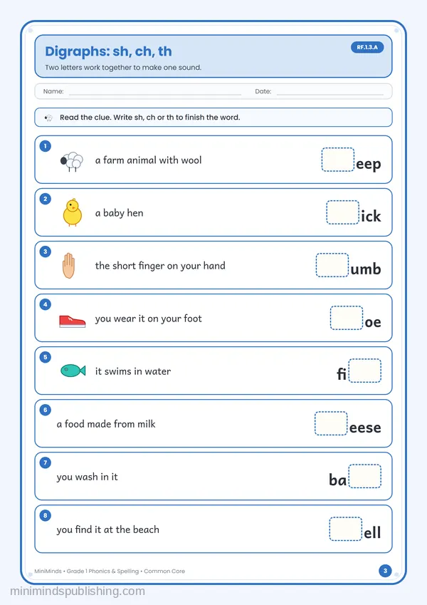 Digraphs: sh, ch, th — free printable 1st Grade worksheet