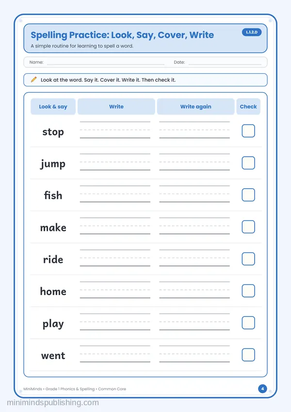 Spelling Practice: Look, Say, Cover, Write — free printable 1st Grade worksheet