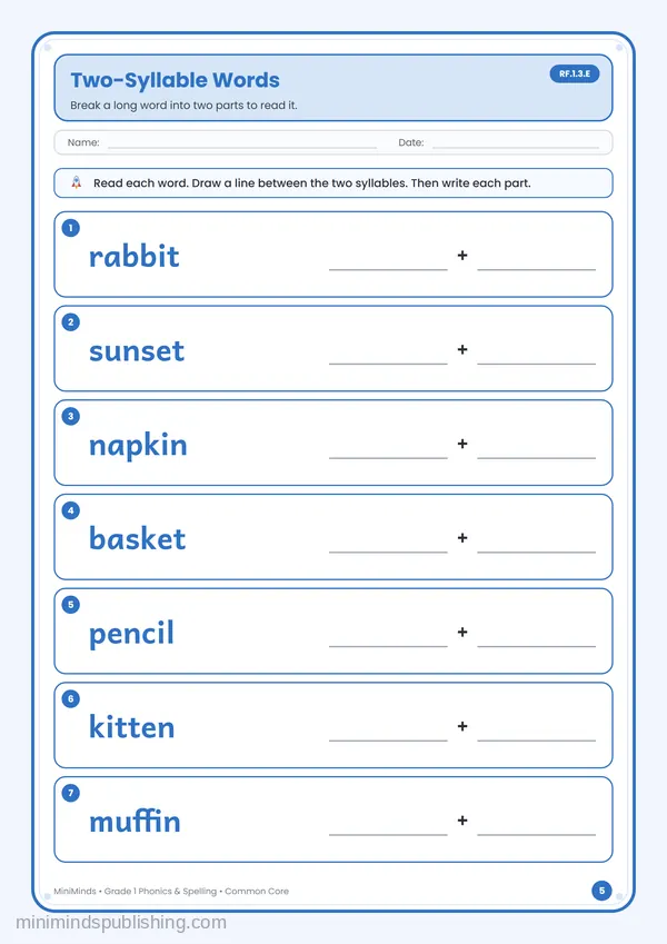 Two-Syllable Words — free printable 1st Grade worksheet