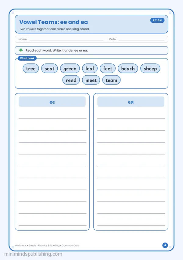 Vowel Teams: ee and ea — free printable 1st Grade worksheet