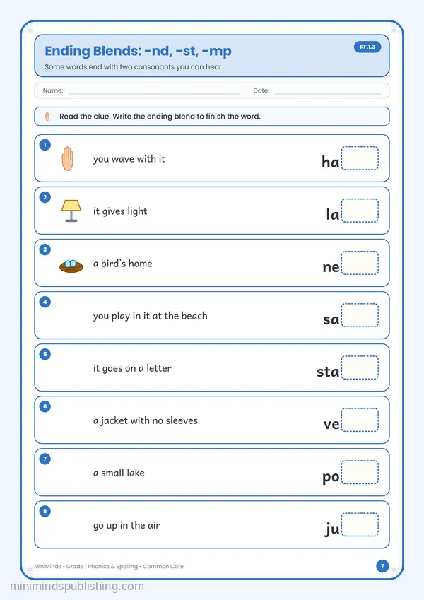 Ending Blends: -nd, -st, -mp — free printable 1st Grade worksheet