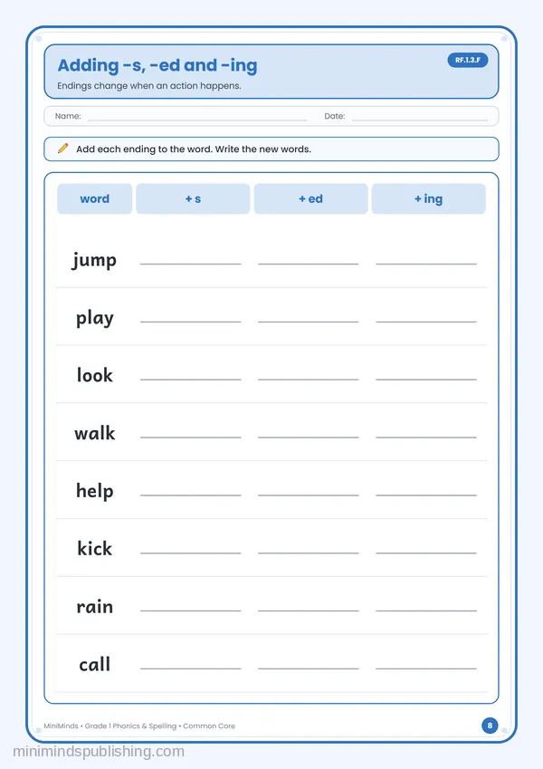 Adding -s, -ed and -ing — free printable 1st Grade worksheet