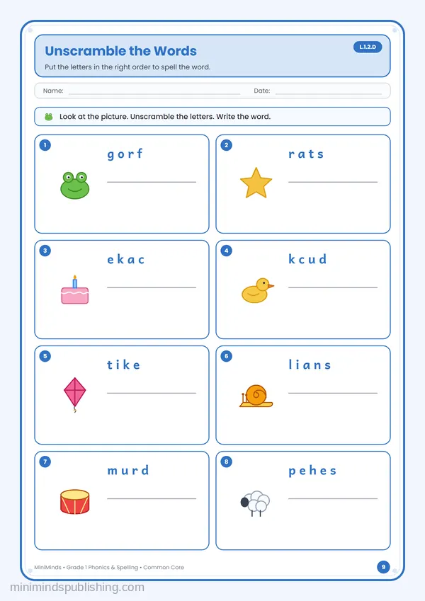 Unscramble the Words — free printable 1st Grade worksheet