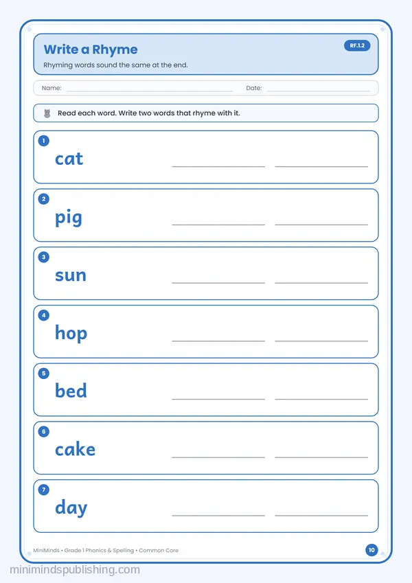 Write a Rhyme — free printable 1st Grade worksheet
