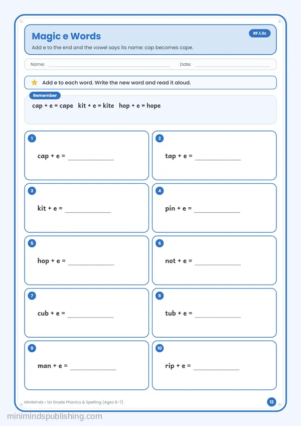 Magic e Words — free printable 1st Grade worksheet