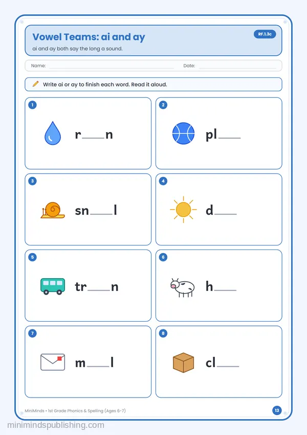 Vowel Teams: ai and ay — free printable 1st Grade worksheet