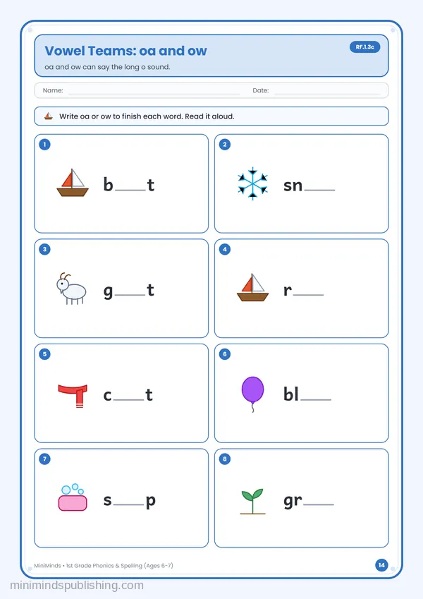 Vowel Teams: oa and ow — free printable 1st Grade worksheet