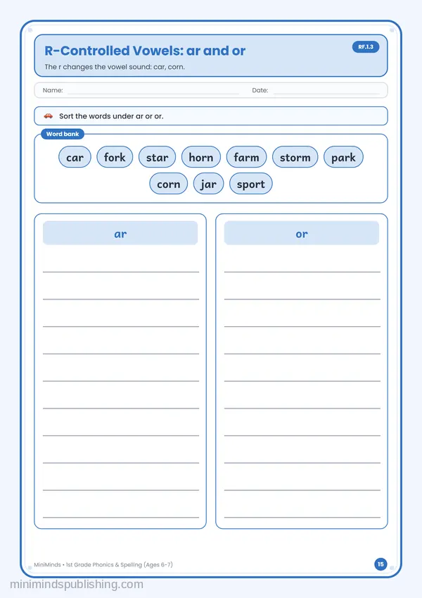 R-Controlled Vowels: ar and or — free printable 1st Grade worksheet