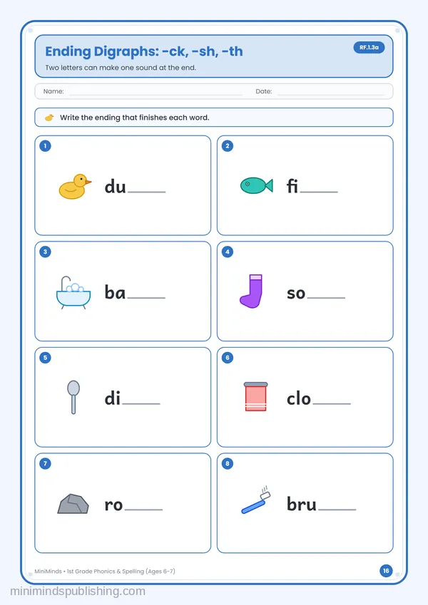 Ending Digraphs: -ck, -sh, -th — free printable 1st Grade worksheet
