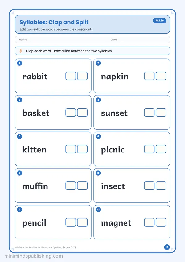 Syllables: Clap and Split — free printable 1st Grade worksheet