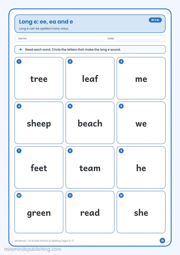 Long e: ee, ea and e — free printable 1st Grade worksheet