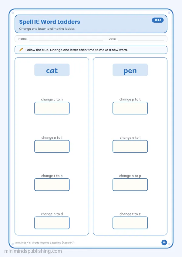 Spell It: Word Ladders — free printable 1st Grade worksheet