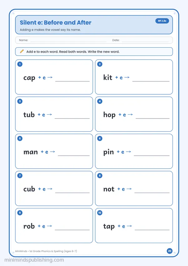 Silent e: Before and After — free printable 1st Grade worksheet