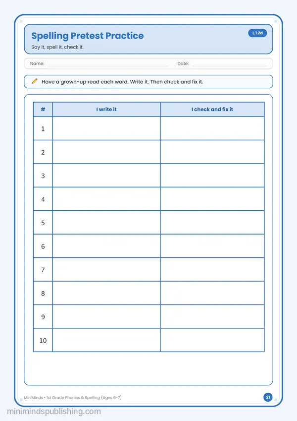 Spelling Pretest Practice — free printable 1st Grade worksheet