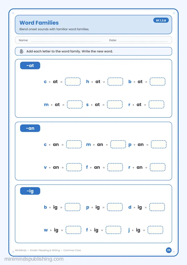 Word Families — free printable 1st Grade reading & writing worksheet for ages 6-7 (Common Core RF.1.3.B)