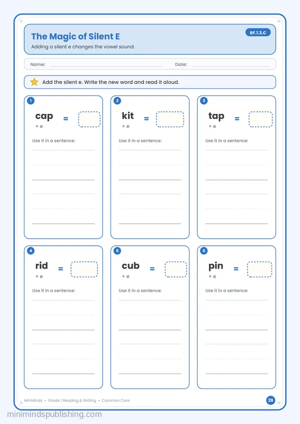 The Magic of Silent E — free printable 1st Grade reading & writing worksheet for ages 6-7 (Common Core RF.1.3.C)