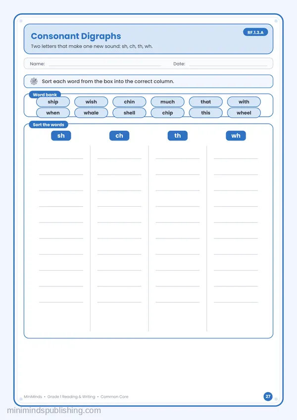 Consonant Digraphs — free printable 1st Grade reading & writing worksheet for ages 6-7 (Common Core RF.1.3.A)